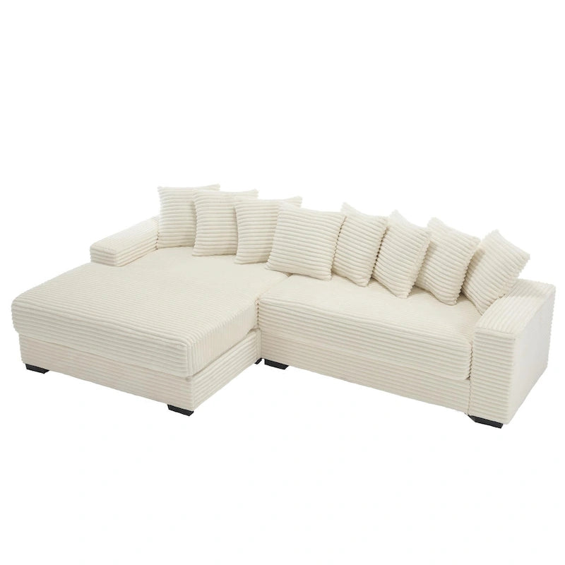 Canapé d'angle modulable en velours côtelé de 282 cm avec méridienne gauche et 8 coussins – 3 places pour salon