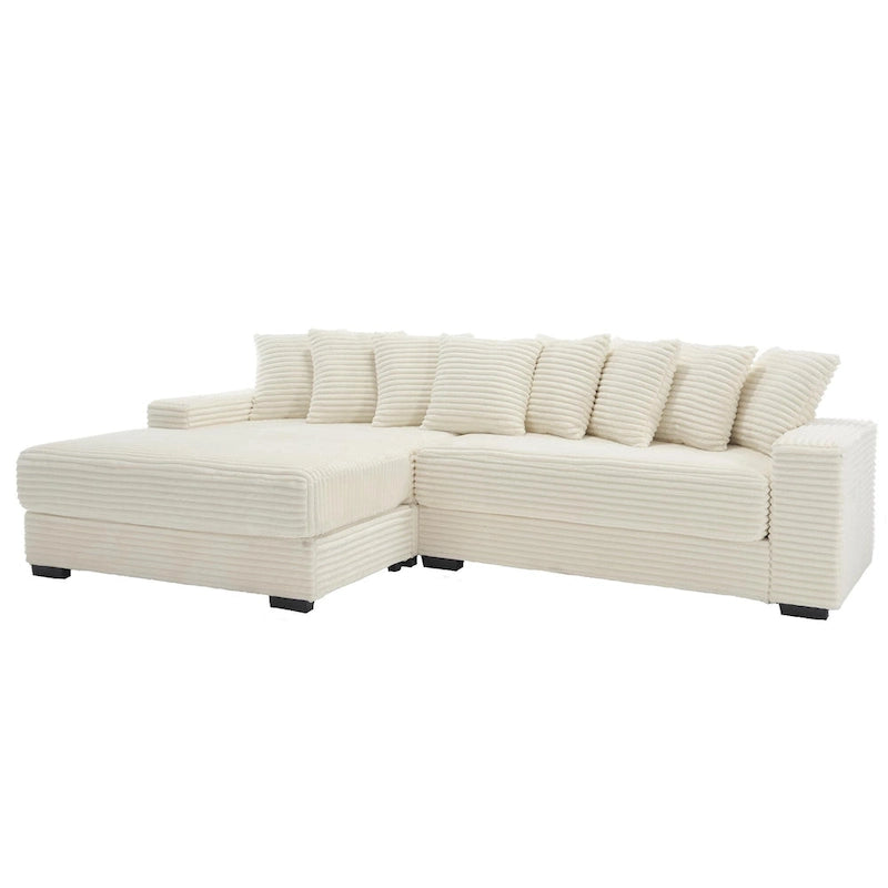 Canapé d'angle modulable en velours côtelé de 282 cm avec méridienne gauche et 8 coussins – 3 places pour salon