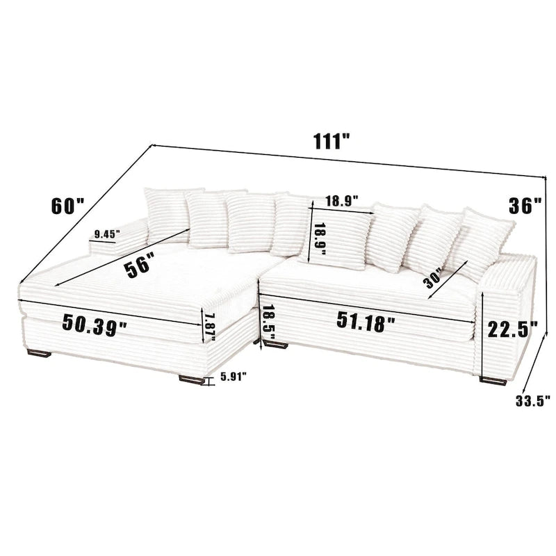 Canapé d'angle modulable en velours côtelé de 282 cm avec méridienne gauche et 8 coussins – 3 places pour salon