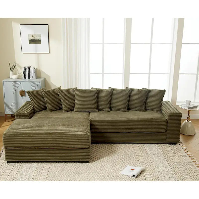 Canapé d'angle modulable en velours côtelé de 282 cm avec méridienne gauche et 8 coussins – 3 places pour salon