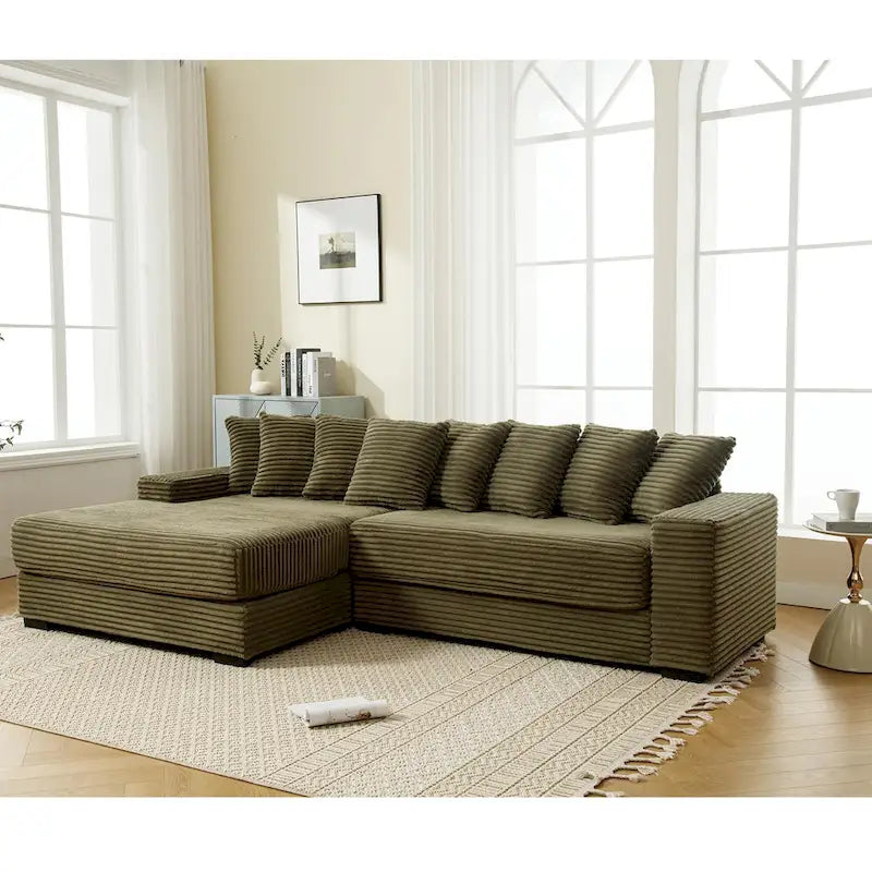 Canapé d'angle modulable en velours côtelé de 282 cm avec méridienne gauche et 8 coussins – 3 places pour salon