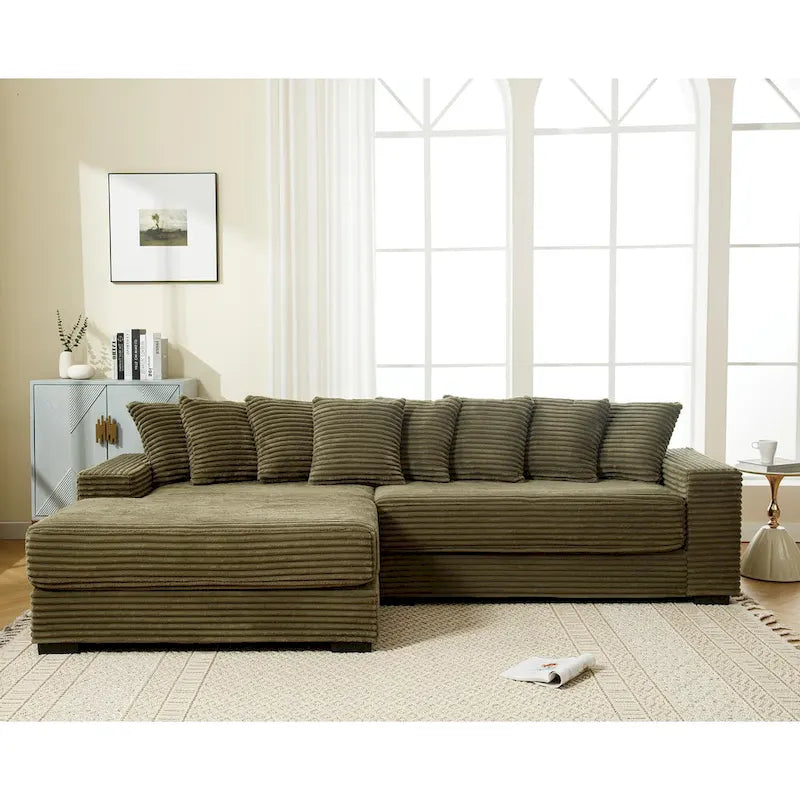 Canapé d'angle modulable en velours côtelé de 282 cm avec méridienne gauche et 8 coussins – 3 places pour salon