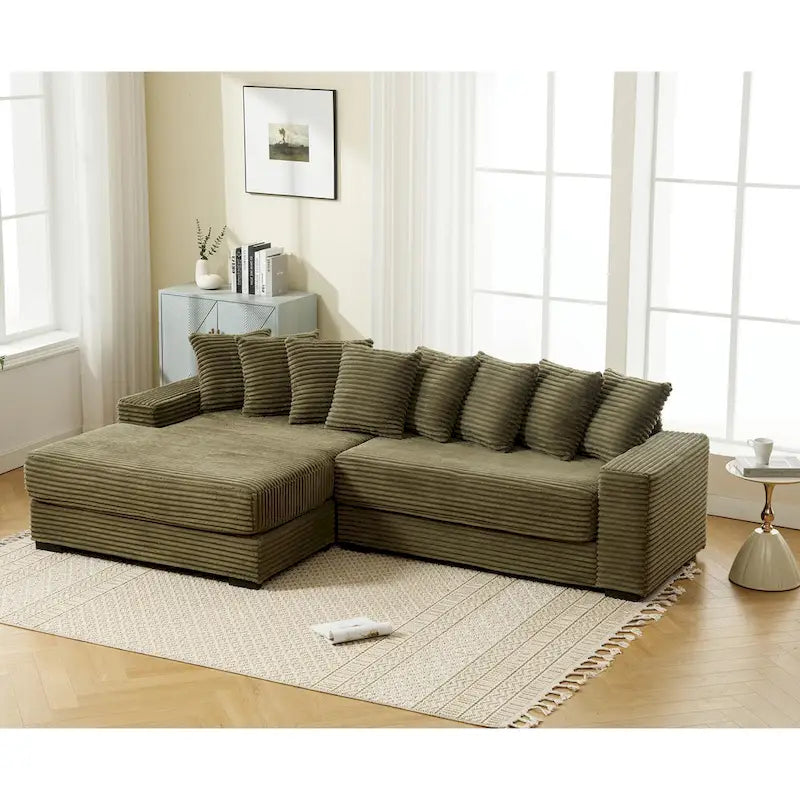 Canapé d'angle modulable en velours côtelé de 282 cm avec méridienne gauche et 8 coussins – 3 places pour salon