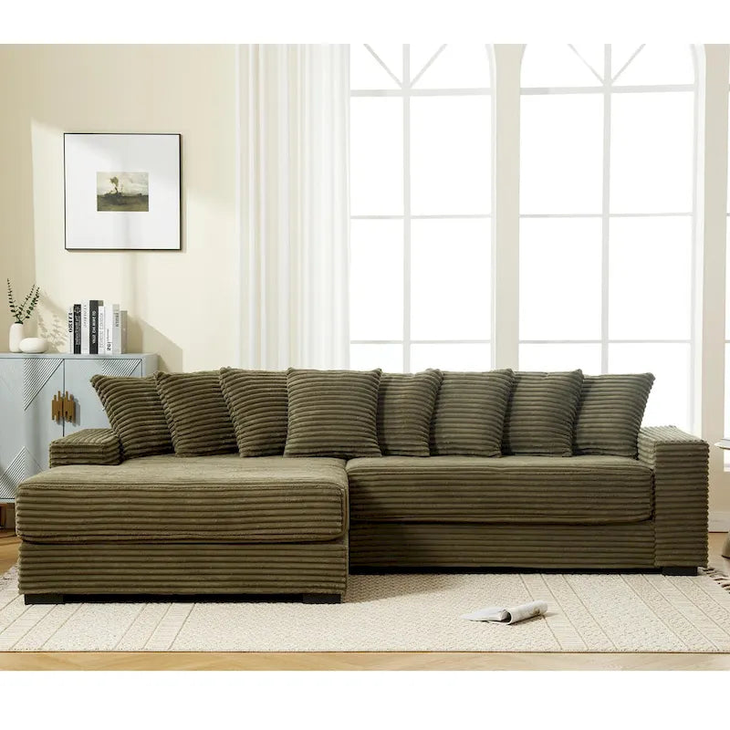 Canapé d'angle modulable en velours côtelé de 282 cm avec méridienne gauche et 8 coussins – 3 places pour salon