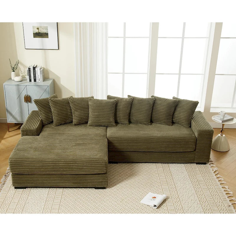 Canapé d'angle modulable en velours côtelé de 282 cm avec méridienne gauche et 8 coussins – 3 places pour salon