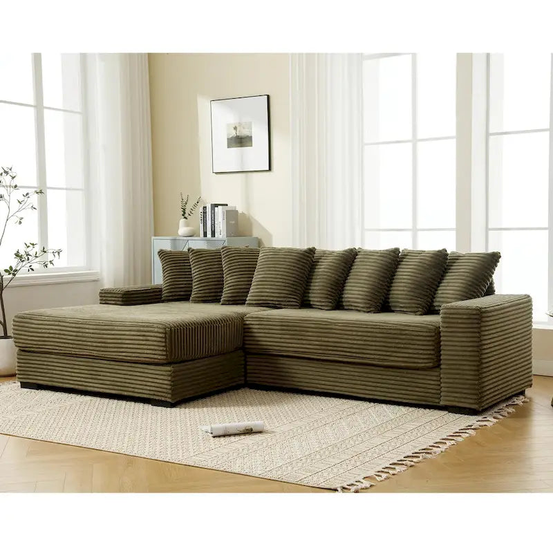 Canapé d'angle modulable en velours côtelé de 282 cm avec méridienne gauche et 8 coussins – 3 places pour salon
