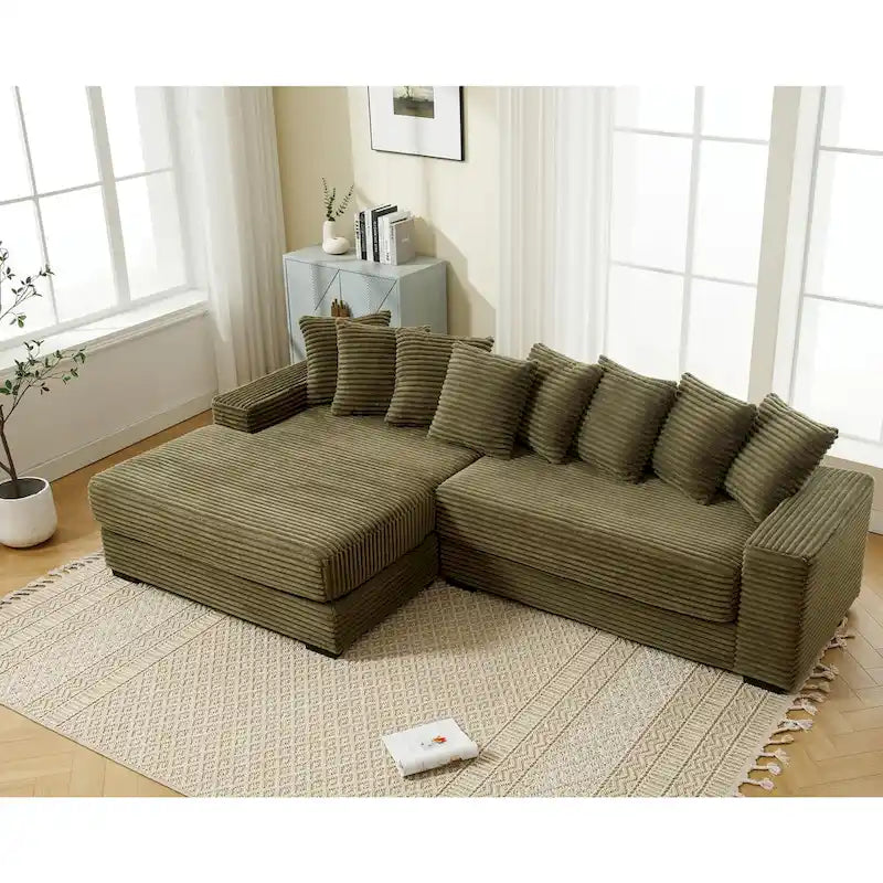 Canapé d'angle modulable en velours côtelé de 282 cm avec méridienne gauche et 8 coussins – 3 places pour salon