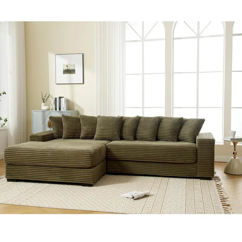 Canapé d'angle modulable en velours côtelé de 282 cm avec méridienne gauche et 8 coussins – 3 places pour salon