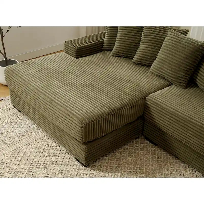 Canapé d'angle modulable en velours côtelé de 282 cm avec méridienne gauche et 8 coussins – 3 places pour salon