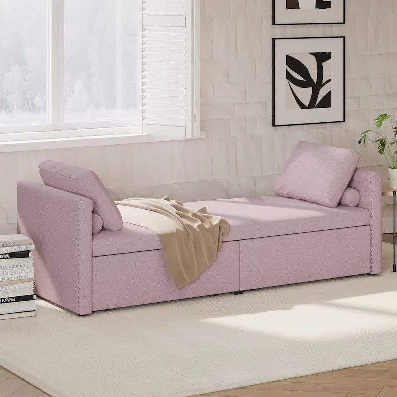 Chauffeuse-méridienne capitonnée en lin rose de 207 cm avec oreillers et 2 tiroirs de rangement pour salon
