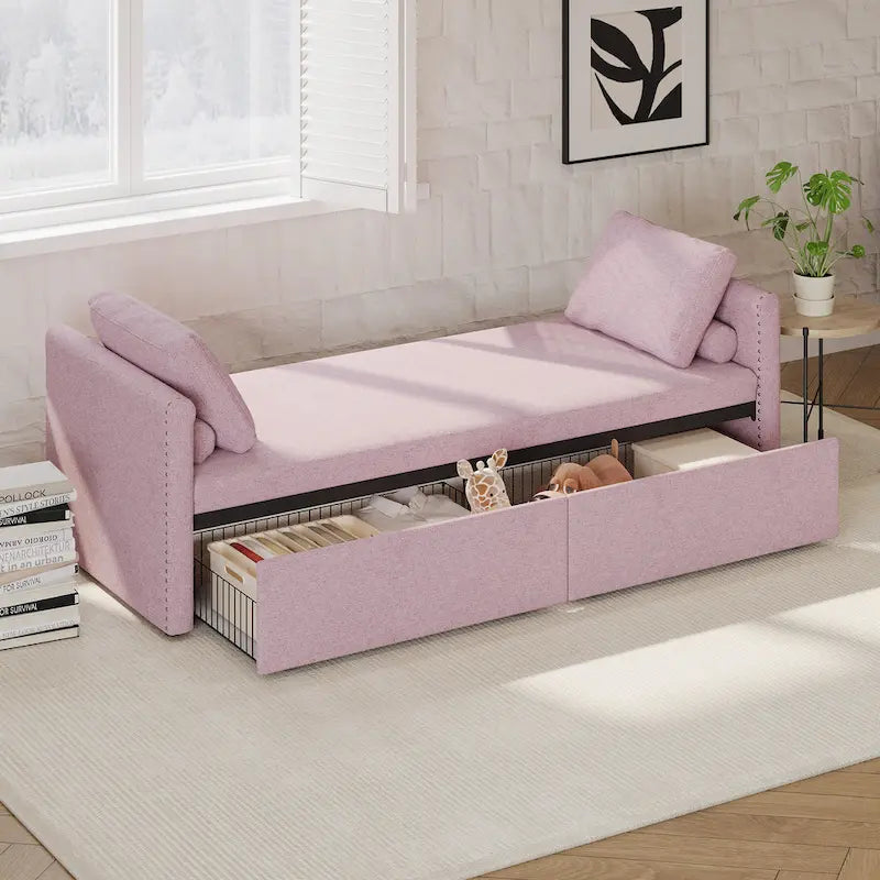 Chauffeuse-méridienne capitonnée en lin rose de 207 cm avec oreillers et 2 tiroirs de rangement pour salon