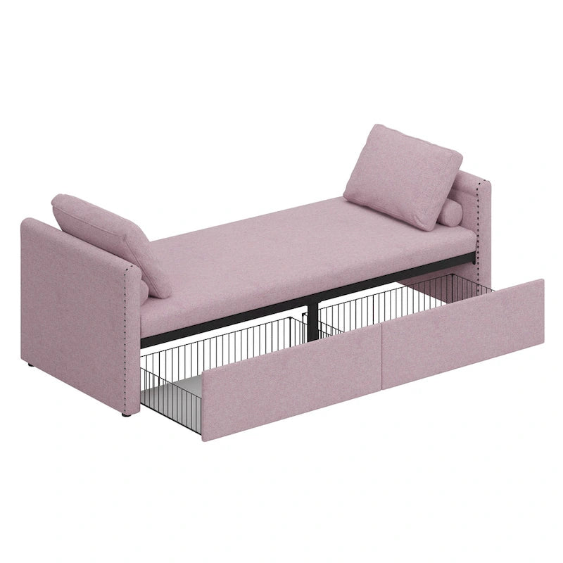 Chauffeuse-méridienne capitonnée en lin rose de 207 cm avec oreillers et 2 tiroirs de rangement pour salon