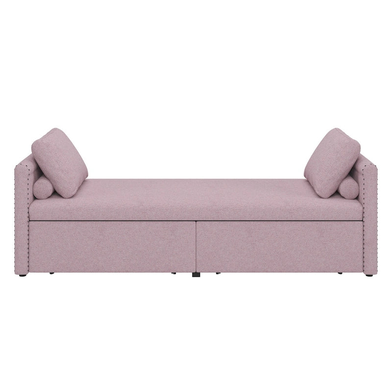 Chauffeuse-méridienne capitonnée en lin rose de 207 cm avec oreillers et 2 tiroirs de rangement pour salon