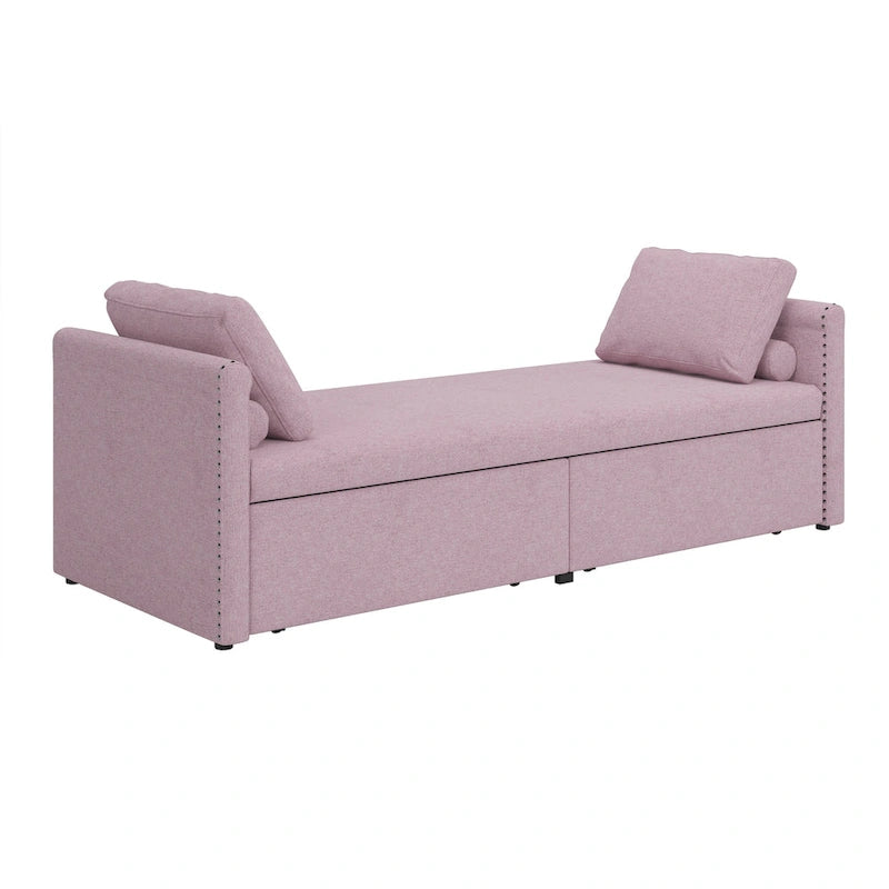 Chauffeuse-méridienne capitonnée en lin rose de 207 cm avec oreillers et 2 tiroirs de rangement pour salon