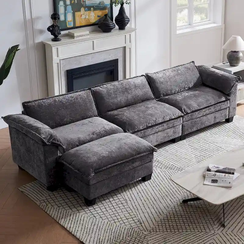 Canapé d'angle modulaire 120 en chenille avec ottoman, convertible