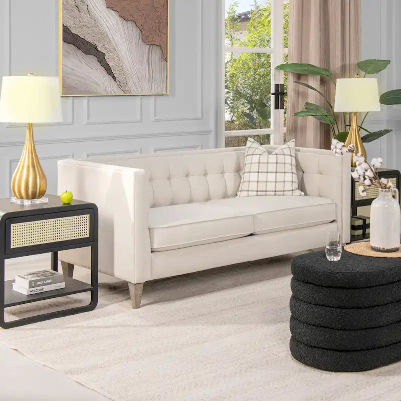 Canapé Petit Espace Carré Capitonné Accoudoirs Droits Coussins Amovibles Salon Compact
