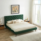 Lit plateforme en velours de style moderne du milieu du siècle, tête de lit capitonnée vert foncé, cadre solide