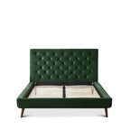 Lit plateforme en velours de style moderne du milieu du siècle, tête de lit capitonnée vert foncé, cadre solide