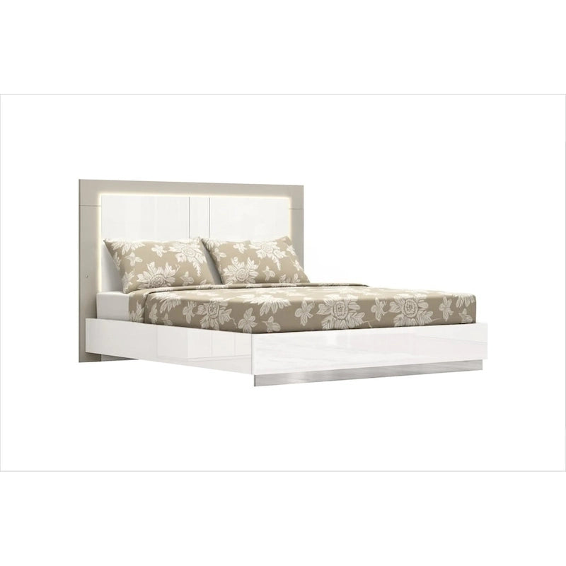 Cadre de lit King Size blanc laqué avec tête de lit LED, chambre moderne de luxe