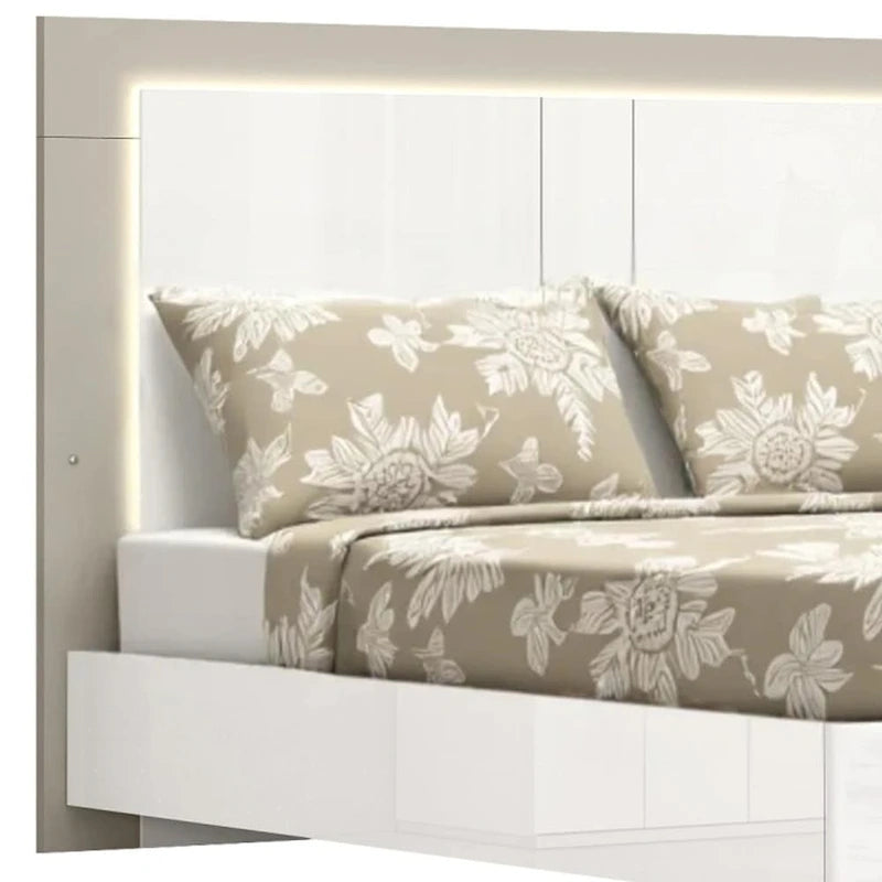 Cadre de lit King Size blanc laqué avec tête de lit LED, chambre moderne de luxe