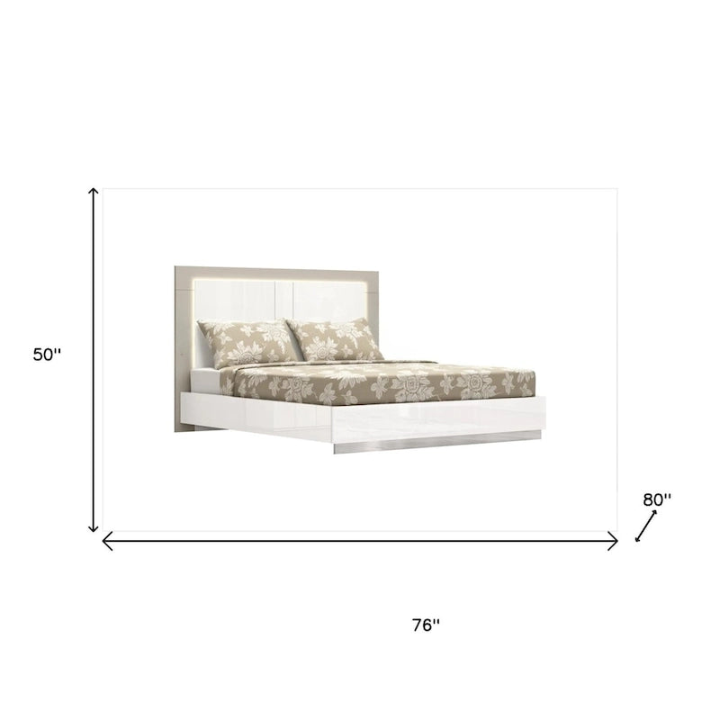 Cadre de lit King Size blanc laqué avec tête de lit LED, chambre moderne de luxe
