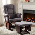 Fauteuil et pouf planeurs en microfibre grise avec fini cerisier