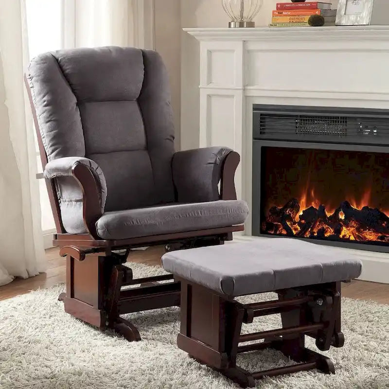 Fauteuil et pouf planeurs en microfibre grise avec fini cerisier