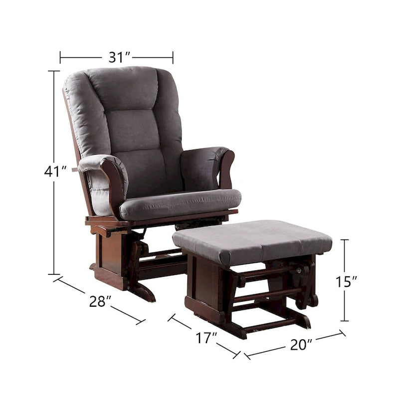 Fauteuil et pouf planeurs en microfibre grise avec fini cerisier