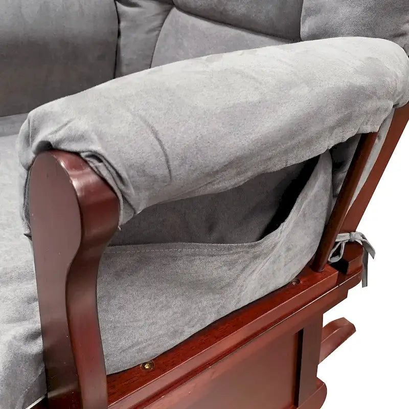 Fauteuil et pouf planeurs en microfibre grise avec fini cerisier