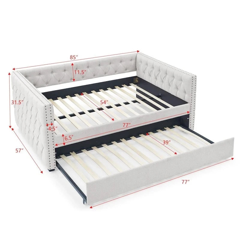 Lit de repos double avec lit gigogne, canapé-lit capitonné, avec boutons et clous en cuivre sur les accoudoirs carrés