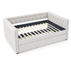 Lit de repos double avec lit gigogne, canapé-lit capitonné, avec boutons et clous en cuivre sur les accoudoirs carrés