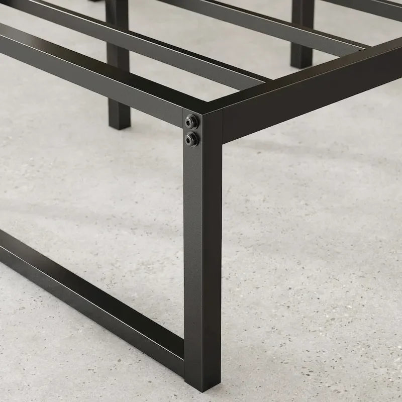 Lit plateforme en métal noir de 14 pouces, base luge, support central, lattes en acier, pas besoin de sommier tapissier