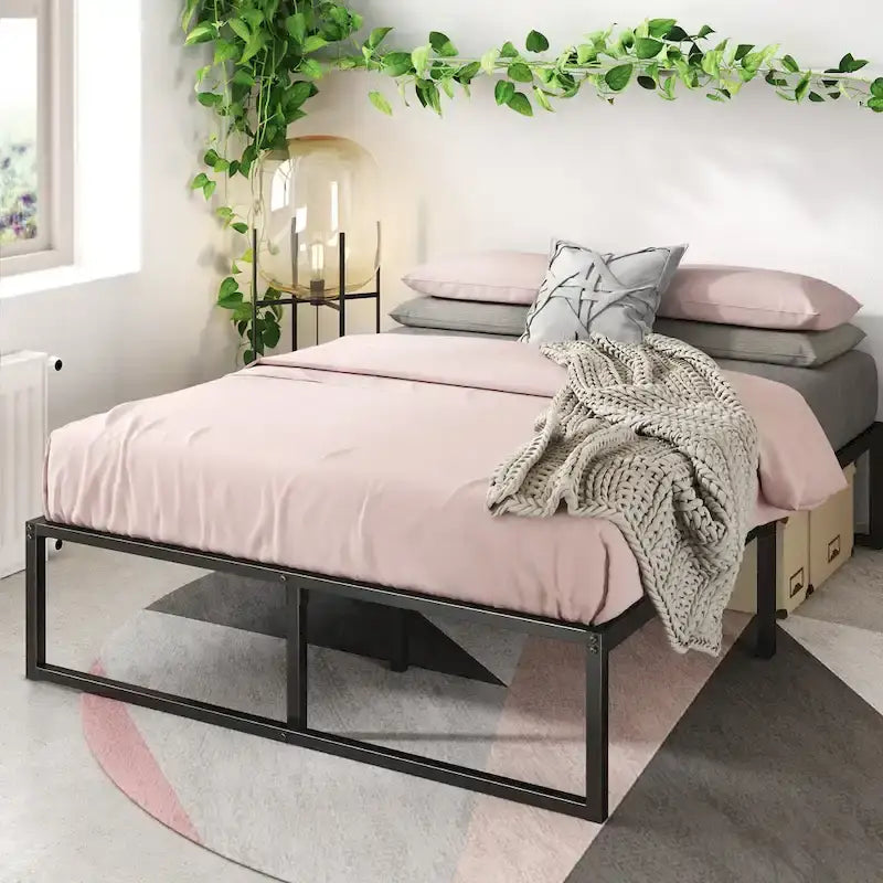 Lit plateforme en métal noir de 14 pouces, base luge, support central, lattes en acier, pas besoin de sommier tapissier