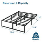 Lit plateforme en métal noir de 14 pouces, base luge, support central, lattes en acier, pas besoin de sommier tapissier