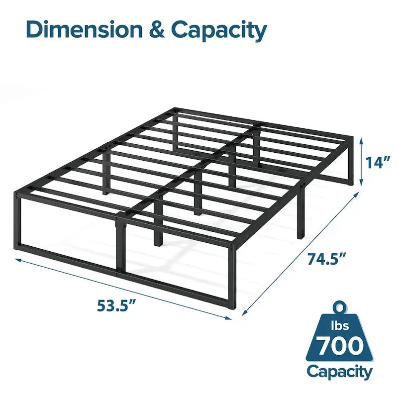 Lit plateforme en métal noir de 14 pouces, base luge, support central, lattes en acier, pas besoin de sommier tapissier