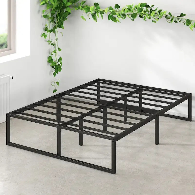 Lit plateforme en métal noir de 14 pouces, base luge, support central, lattes en acier, pas besoin de sommier tapissier
