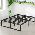 Lit plateforme en métal noir de 14 pouces, base luge, support central, lattes en acier, pas besoin de sommier tapissier