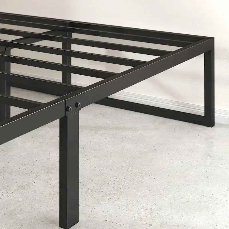 Lit plateforme en métal noir de 14 pouces, base luge, support central, lattes en acier, pas besoin de sommier tapissier