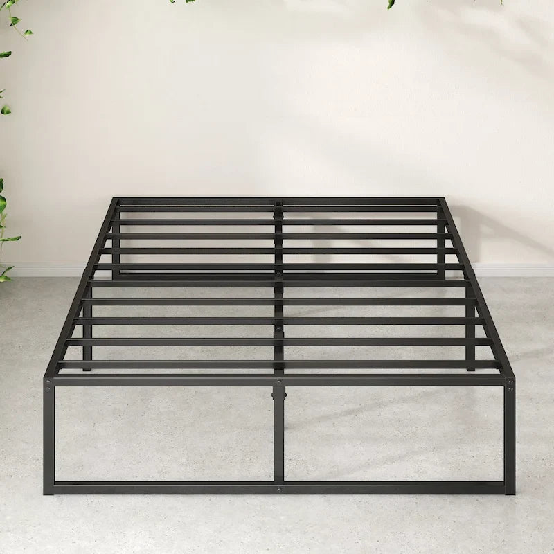 Lit plateforme en métal noir de 14 pouces, base luge, support central, lattes en acier, pas besoin de sommier tapissier