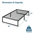 Lit plateforme en métal noir de 14 pouces, base luge, support central, lattes en acier, pas besoin de sommier tapissier