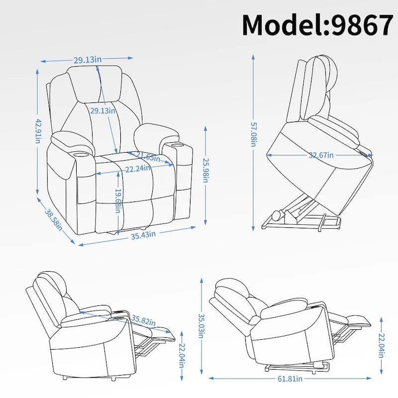 Fauteuil inclinable releveur Chenille Capacité 350 lb Massage 8 points Soutien lombaire