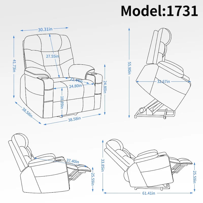 Fauteuil inclinable releveur Chenille Capacité 350 lb Massage 8 points Soutien lombaire