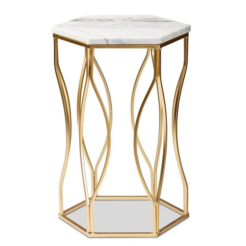 Table d'appoint moderne hexagonale avec plateau en marbre, base en métal ajouré au design géométrique, hauteur 53 cm, entièrement assemblée