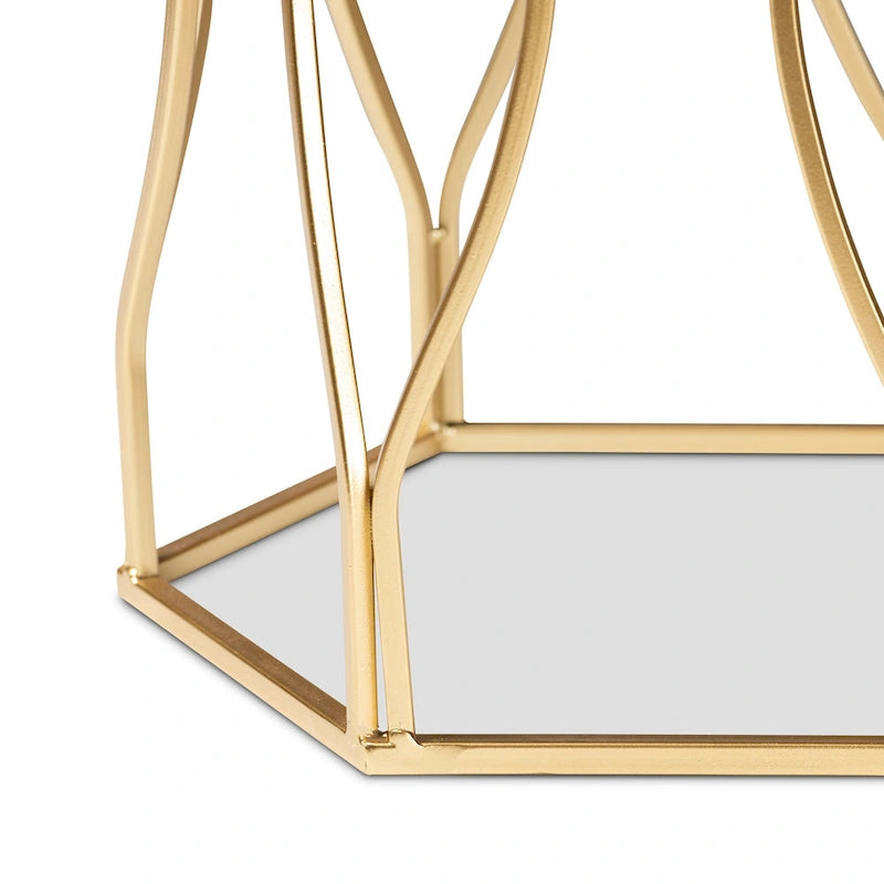 Table d'appoint moderne hexagonale avec plateau en marbre, base en métal ajouré au design géométrique, hauteur 53 cm, entièrement assemblée
