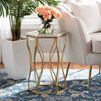 Table d'appoint moderne hexagonale avec plateau en marbre, base en métal ajouré au design géométrique, hauteur 53 cm, entièrement assemblée