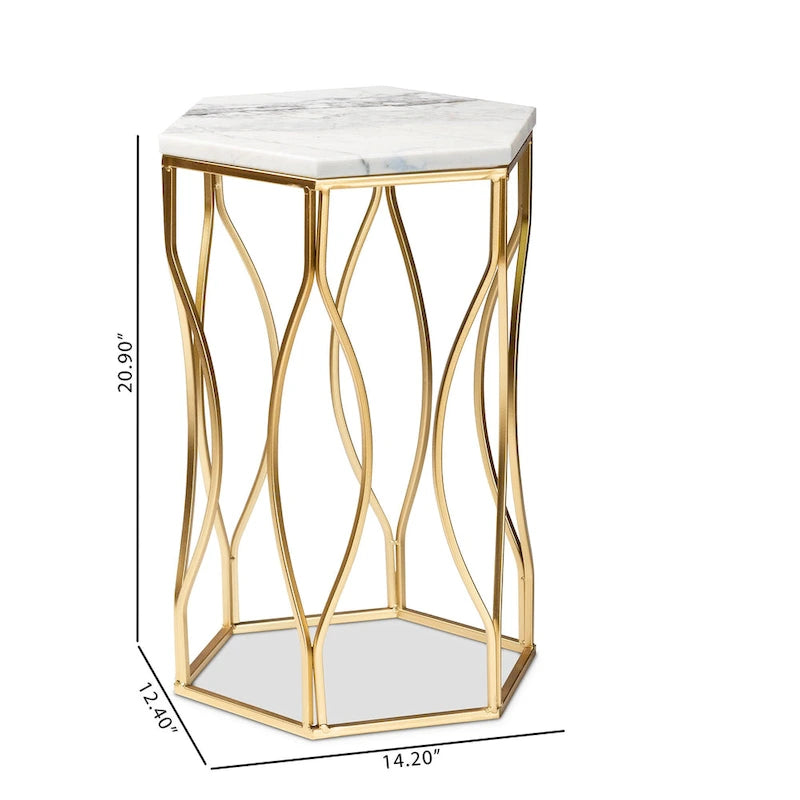 Table d'appoint moderne hexagonale avec plateau en marbre, base en métal ajouré au design géométrique, hauteur 53 cm, entièrement assemblée