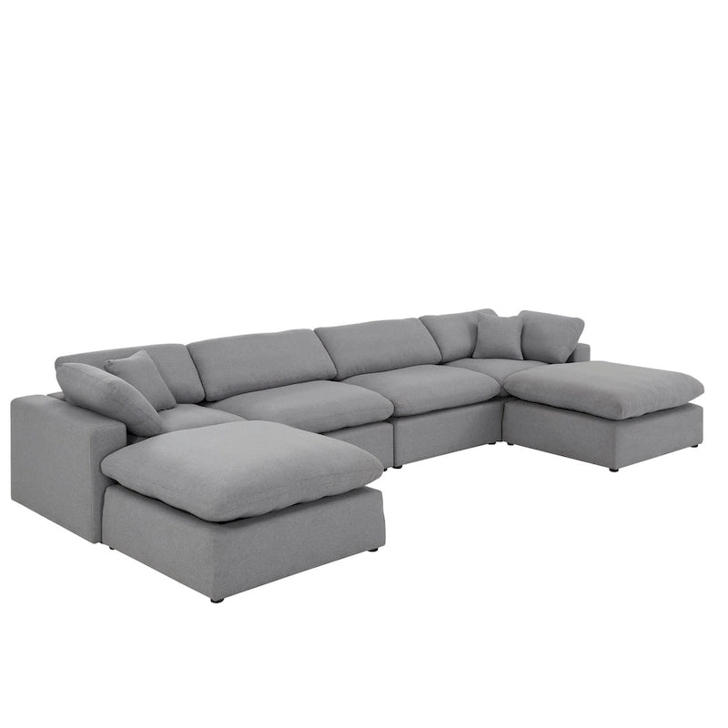 Canapé d'angle en lin gris avec rembourrage en duvet et 2 poufs, chaise longue réversible