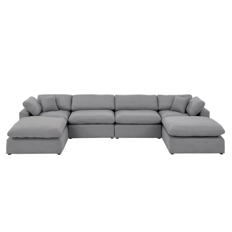 Canapé d'angle en lin gris avec rembourrage en duvet et 2 poufs, chaise longue réversible