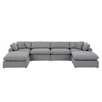 Canapé d'angle en lin gris avec rembourrage en duvet et 2 poufs, chaise longue réversible
