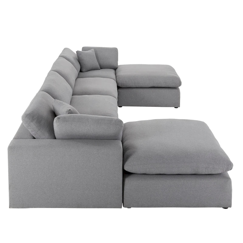 Canapé d'angle en lin gris avec rembourrage en duvet et 2 poufs, chaise longue réversible